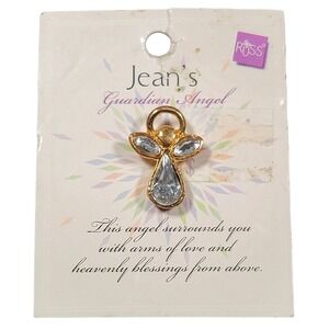 VTG 90s Russ Berrie Jeans Guardian Angel Pin Brooch Faux Aquamarine Gold Tone